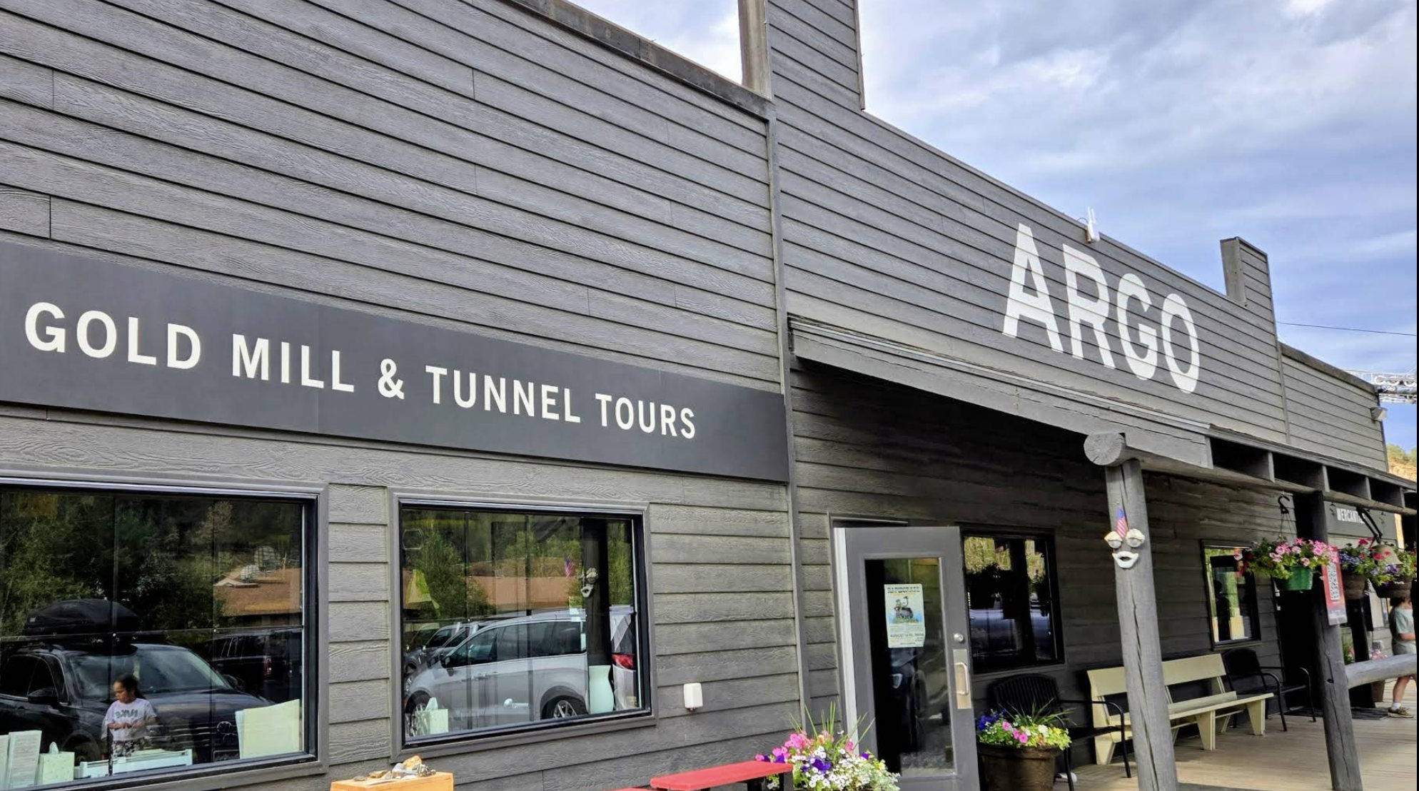 The Argo storefront at the base terminal — Gold Mill and Tunnel Tours, with the Mercantile alongside