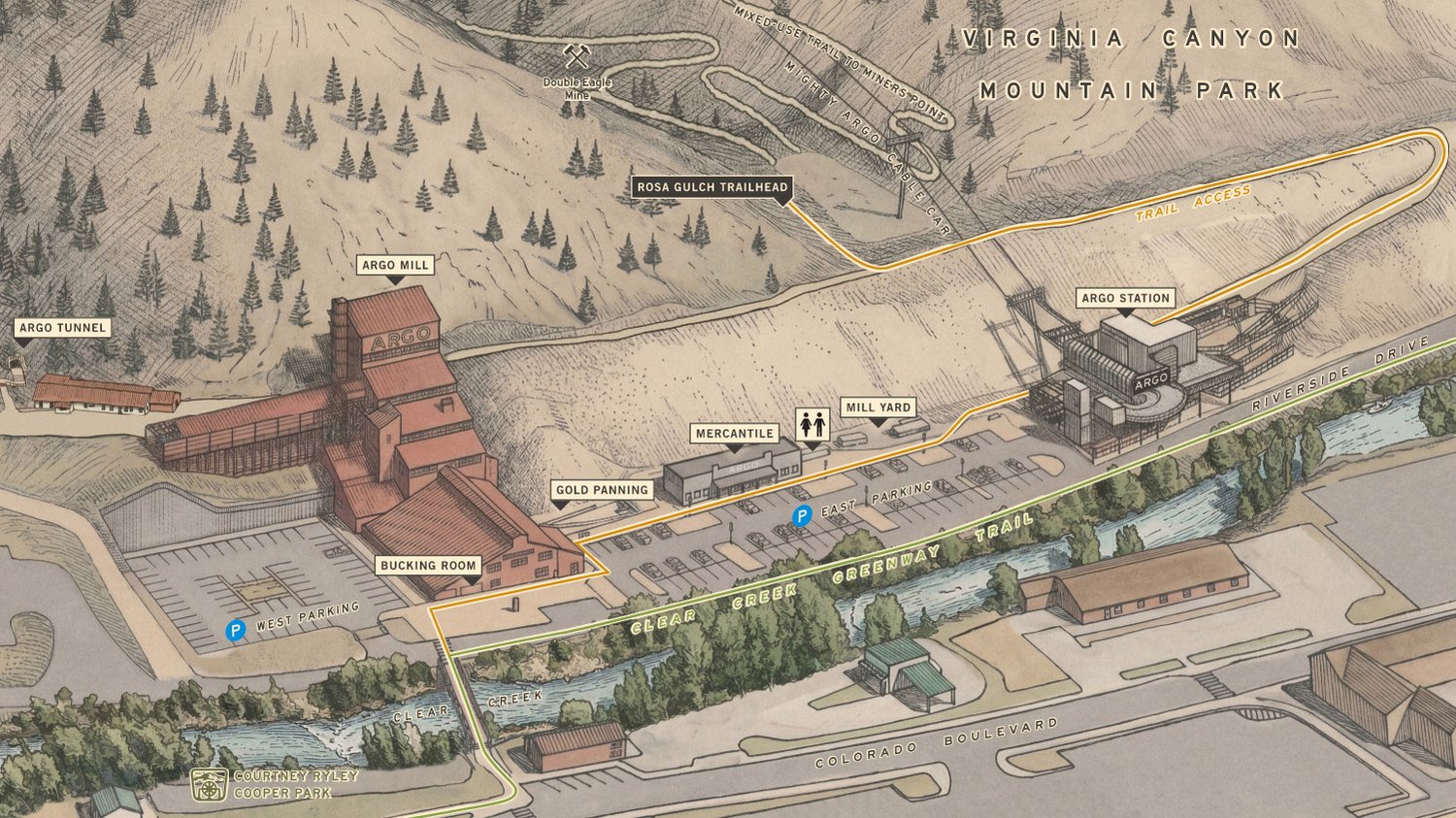 Illustrated site map of the Argo Mill, tunnel portal and base terminal