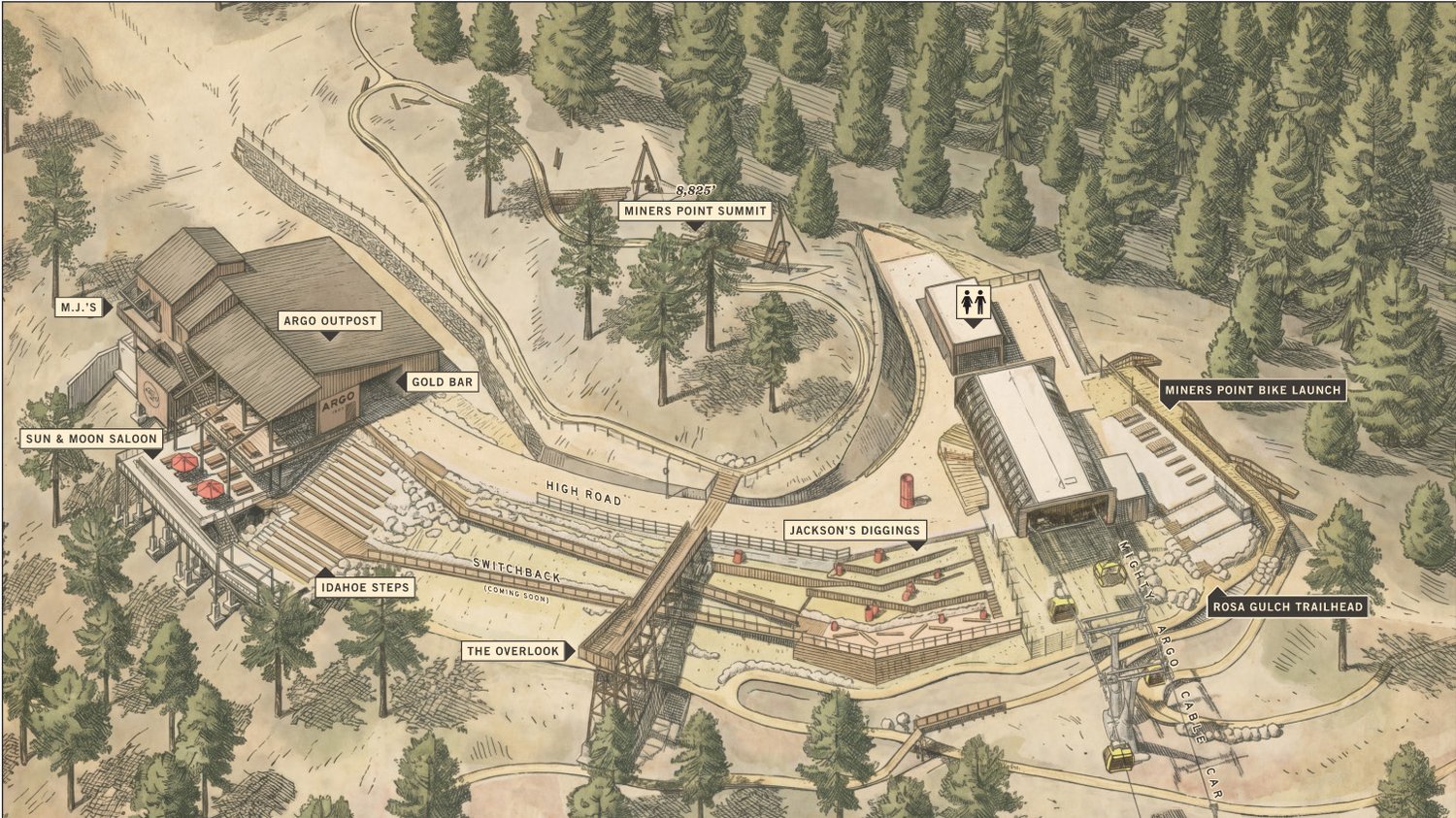 Illustrated site map of Miners Point — overlook, Outpost, amphitheater, bike launch and trailheads