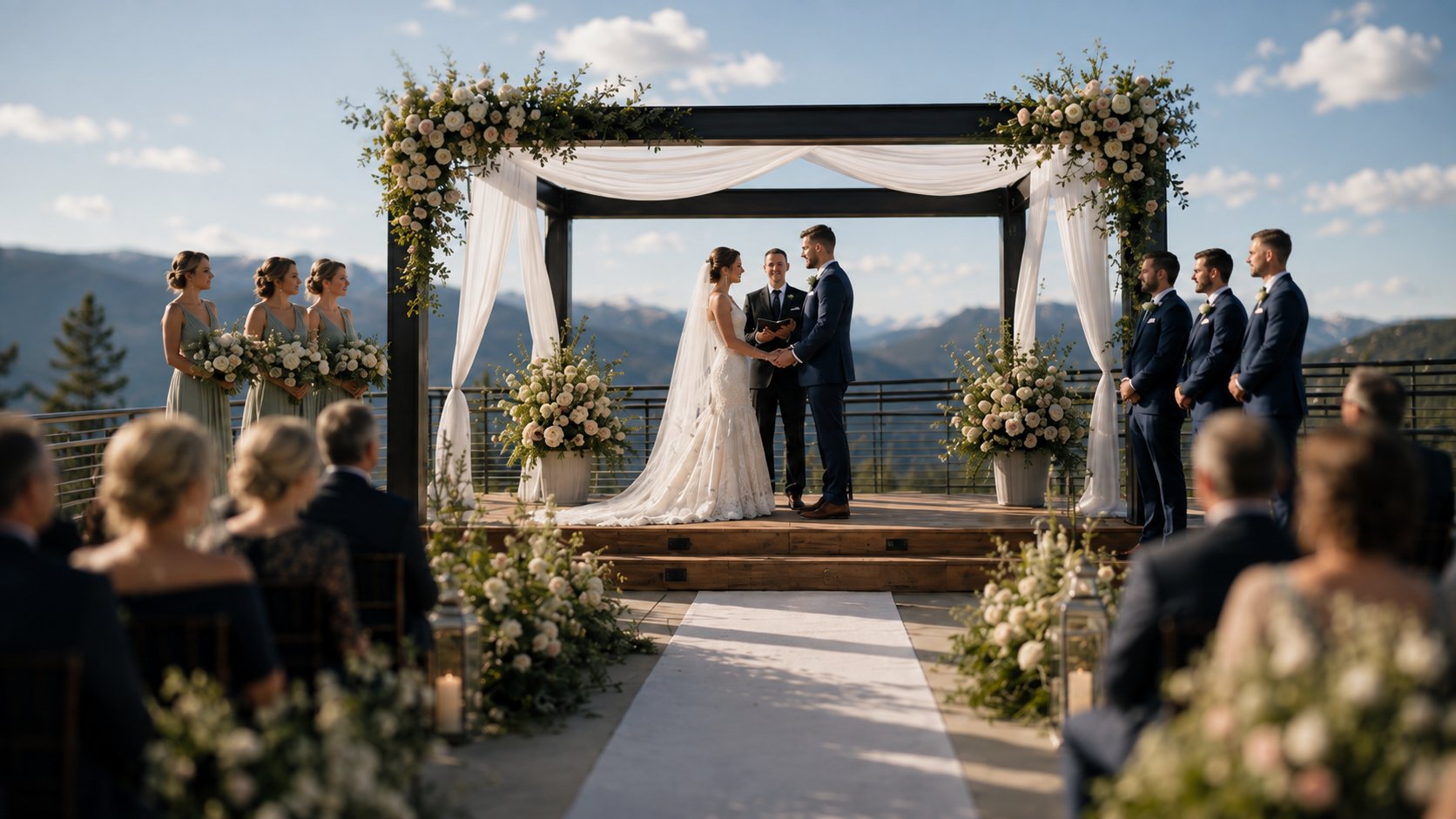 A wedding ceremony on the deck at Miners Point, with the Divide behind
