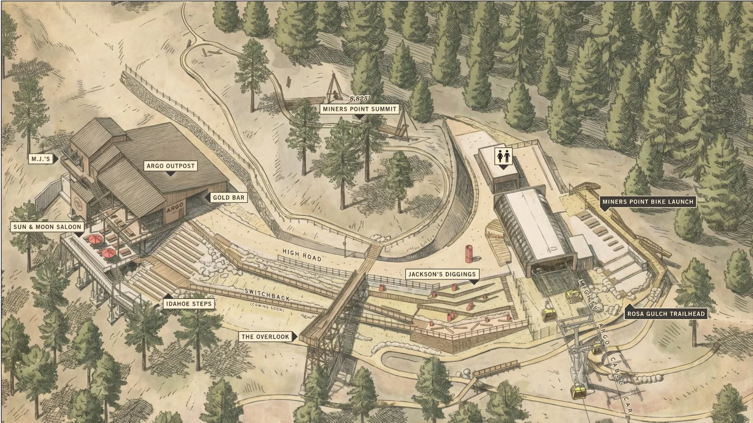 Site map of Miners Point: the Outpost, overlook, amphitheater and summit terminal