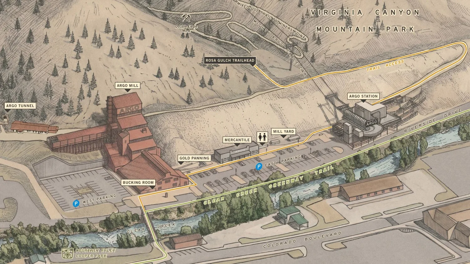 Site map of Argo Station: the mill, tunnel portal, mercantile, parking and base terminal