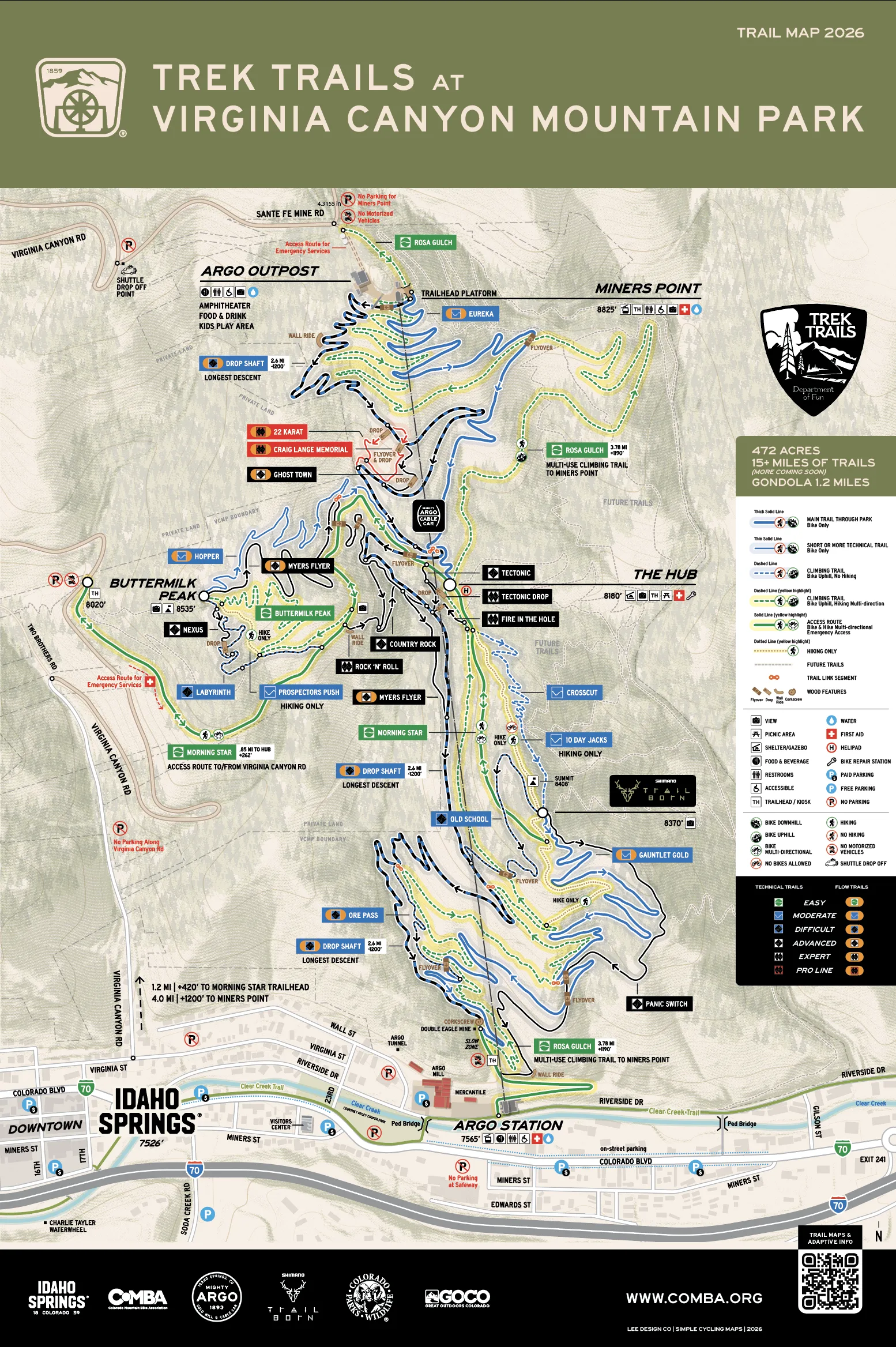Trek Trails at Virginia Canyon Mountain Park — the 2026 trail map, 472 acres and 15+ miles of trail from Argo Station up to Miners Point